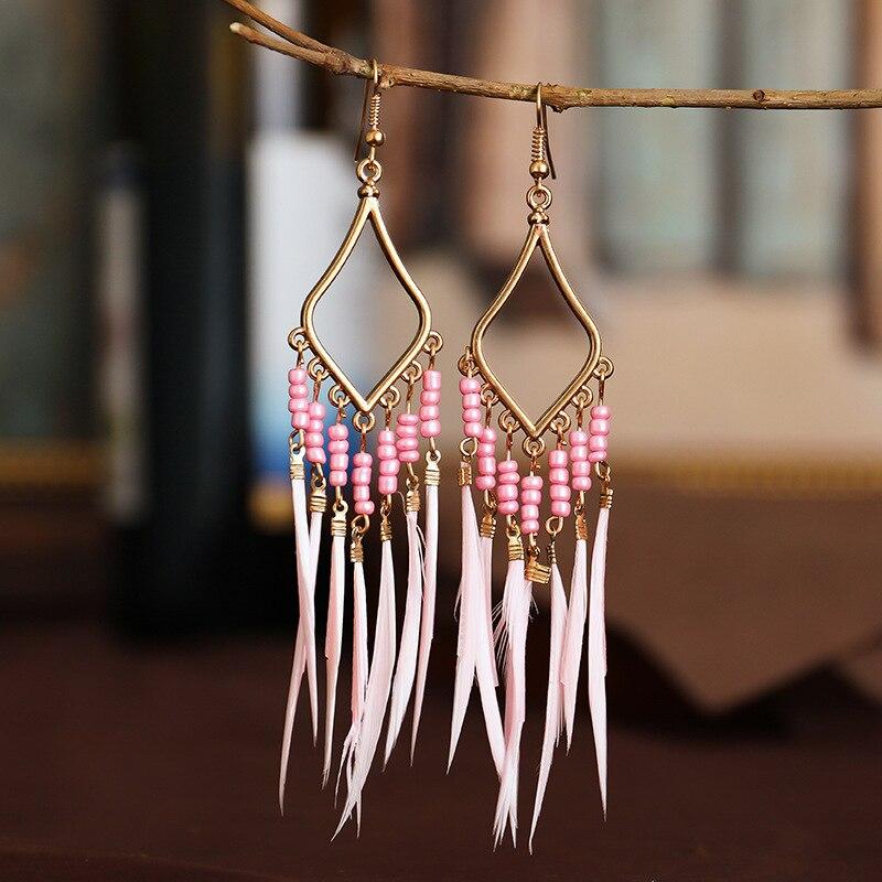 Handmade Modern Elegant Golden Silver Color Ethnic Acrylic Luxury Rainbow Beads Feather Drop Earrings for Women Boho Jewlery