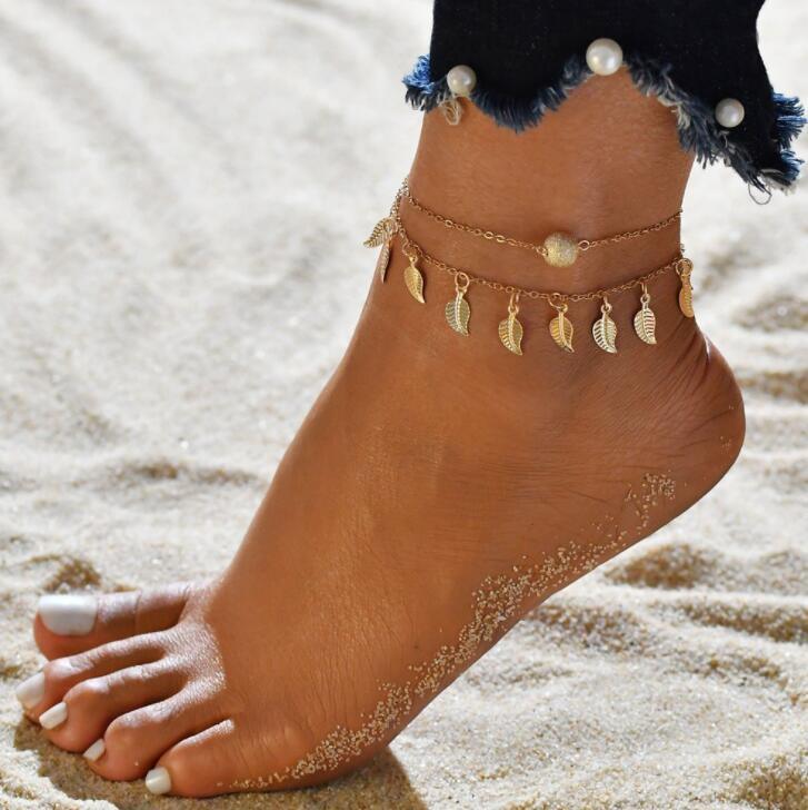 Gold Metal Shell Coconut Tree Female Anklets Barefoot Sandals Foot Summer Double Layers  Foot  Bracelets Leg Jewelry