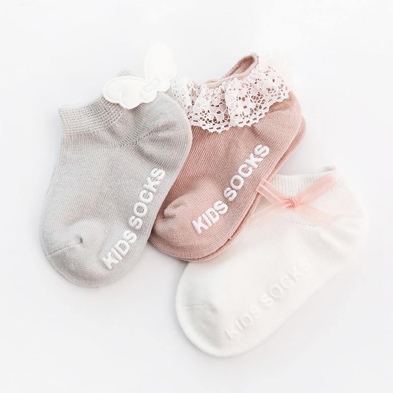 3 Pair/ SET  Baby Newborn Cotton Ankle Socks for Toddler Baby Girls Anti-slip Floor Sock Bowknot Flower Socks For Baby and Kids from 0-24M