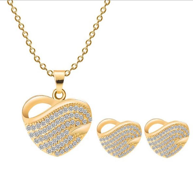 Luxury Fashion Jewelry Gold-color Romantic Austrian Crystal Heart Shape Chain Necklace and Earrings Jewelry Sets For Women