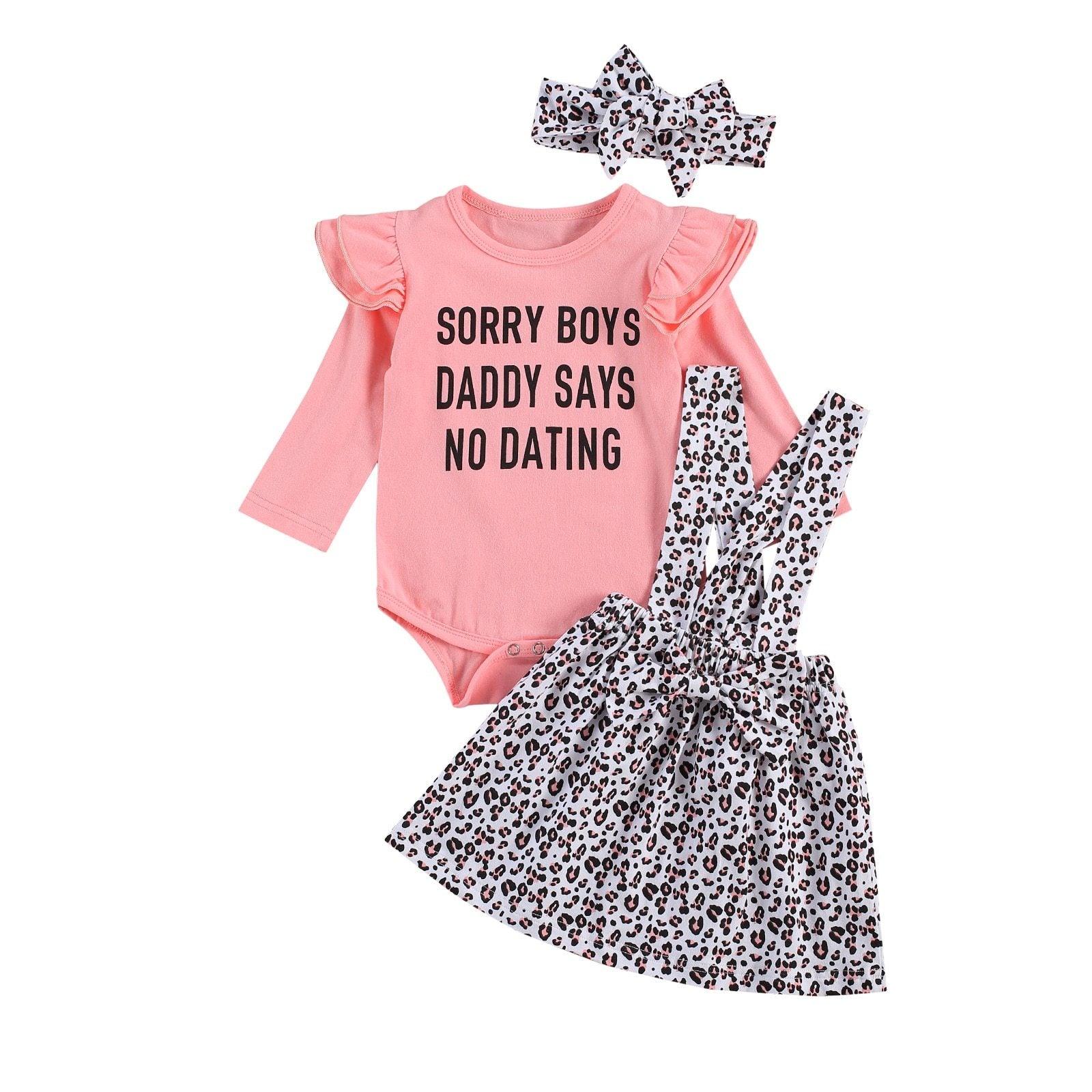 Baby Girl Dress Set Round Neck Long Sleeve Letter Printed Romper Leopard Bow Short Suspender Skirt Headband