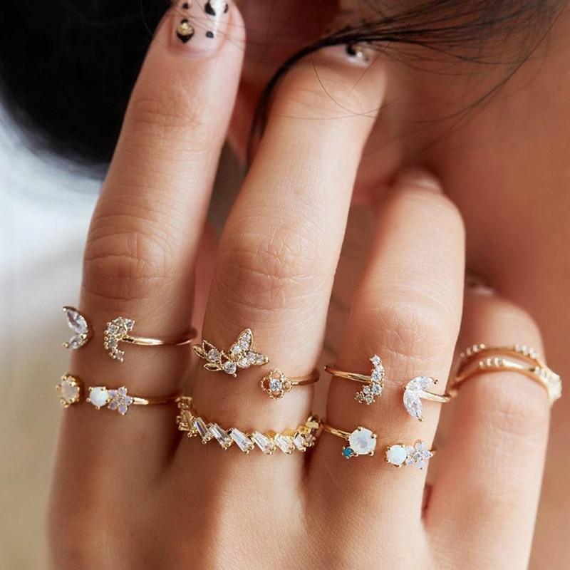 Boho Vintage Gold Star Knuckle Rings For Women BOHO Crystal Star Crescent Geometric Female Finger Rings Set Jewelry