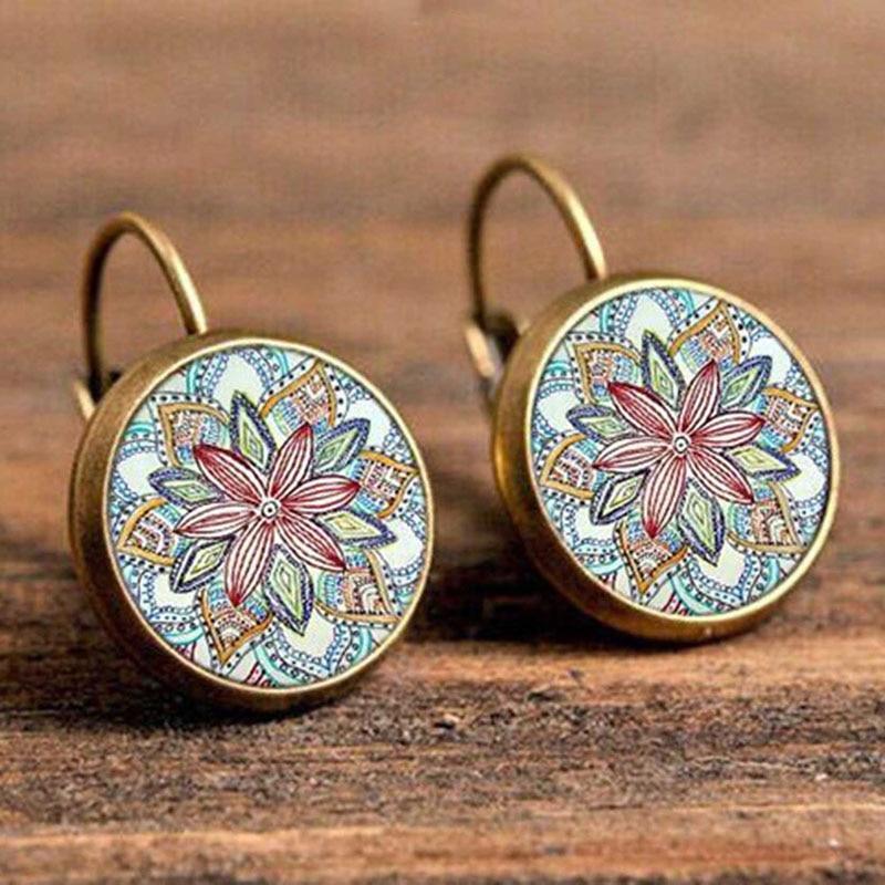 Handmade Boho Flower Drop Earrings For Women Vintage Jewelry Geometric Pattern Round Earrnings