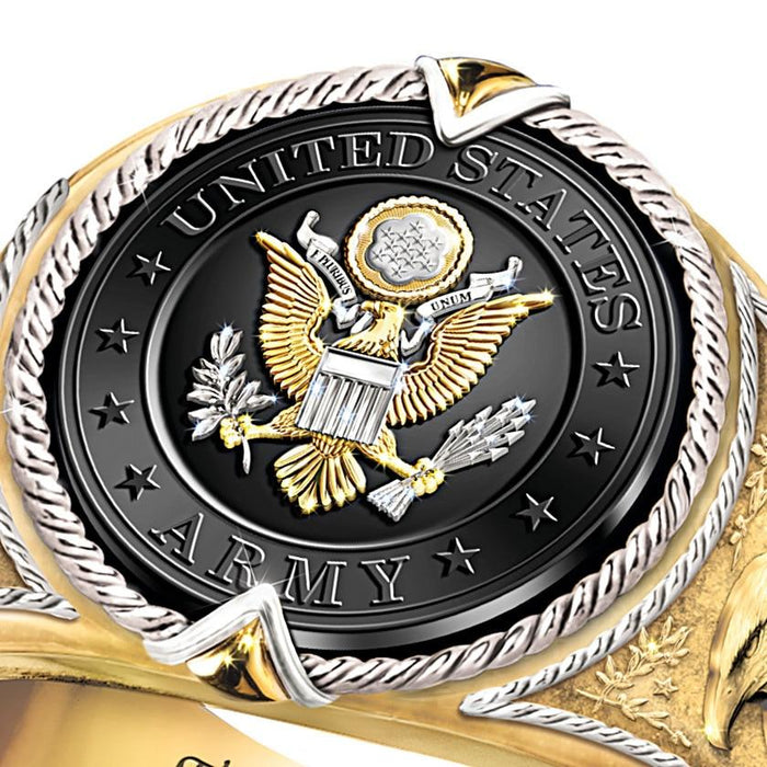Luxury Elegant Epic American US Army Badge With Slogan And Eagle On Rings In Gold Color For Men