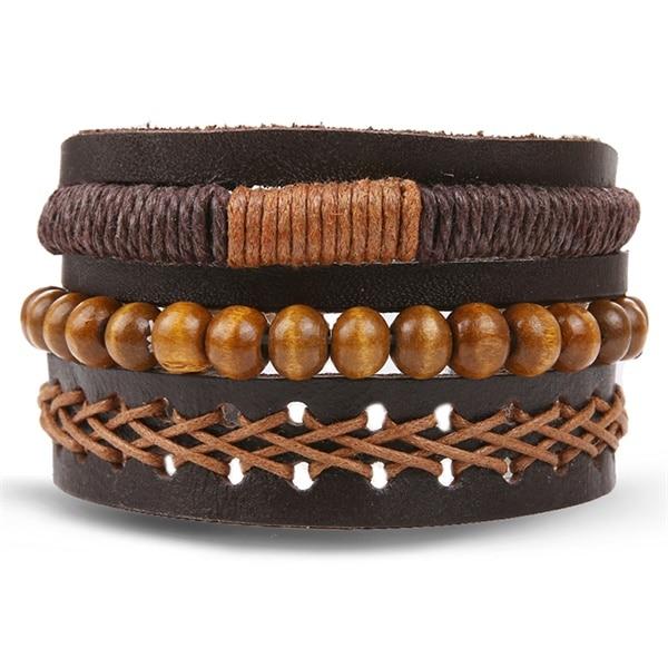 Vintage Black Bead Bracelets For Men Fashion Hollow Triangle Leather Bracelet & Bangles Multilayer Wide Wrap Jewelry For Men and Women