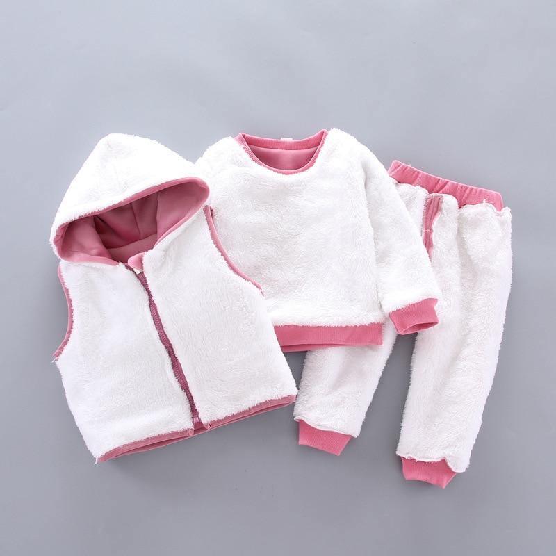 Baby Clothes Winter Thick And Warm Three-piece Cartoon Bear And Fox Printed Sweater Hooded Baby Girl Clothing Set Sweater and Pants