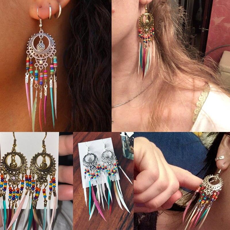 Handmade Modern Elegant Golden Silver Color Ethnic Acrylic Luxury Rainbow Beads Feather Drop Earrings for Women Boho Jewlery