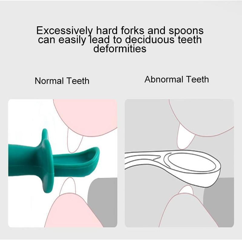 New Baby Feeding Spoon Fork Set Short Easy  Cartoon Dinosaur Soft Silicone  Teether Toys Non-hurt Training Tableware