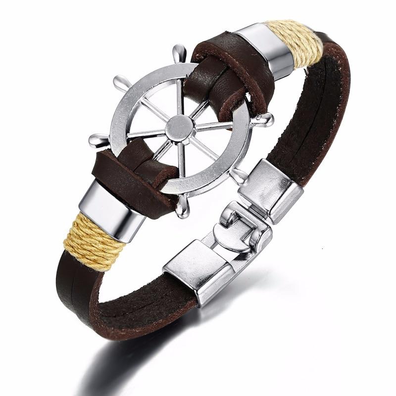 Handmade Sailor Anchor Ship Bracelet In Vintage Retro Rudder Charm Bracelet for Men Made from leather and Stainless Steel for Man