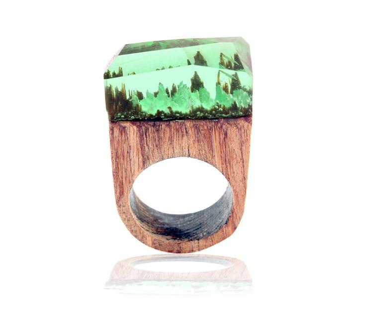 Epic Handmade Luxury Wedding Wood Resin Stone Ring Elegant With Magnificent Fantasy Secret Magic Landscape Wooden for Women and Men