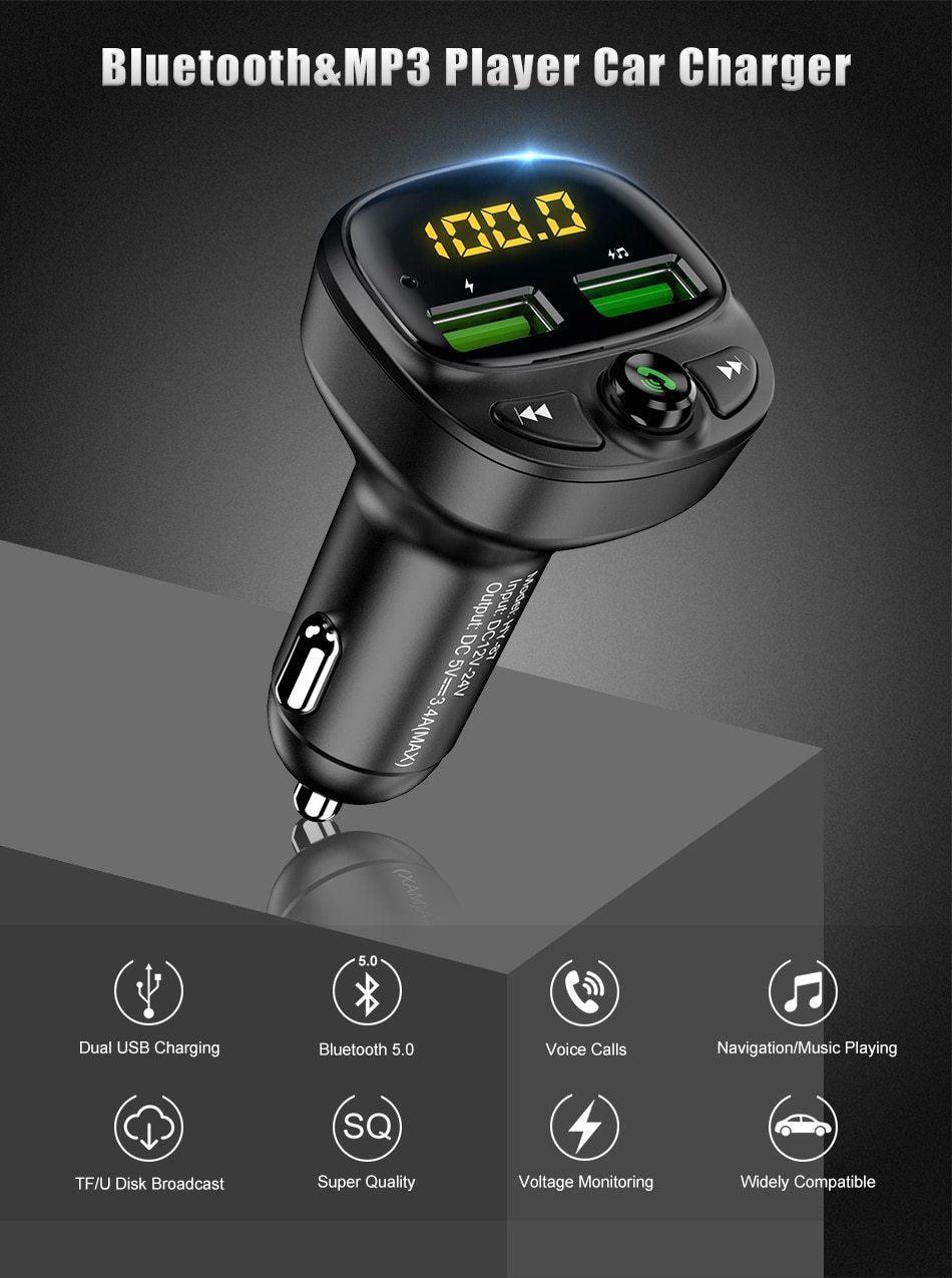 3.4A Fast Black Car Charger FM Transmitter Bluetooth Dual USB Mobile Car Phone Charger Fast Charging MP3 TF Card Music Car Kit