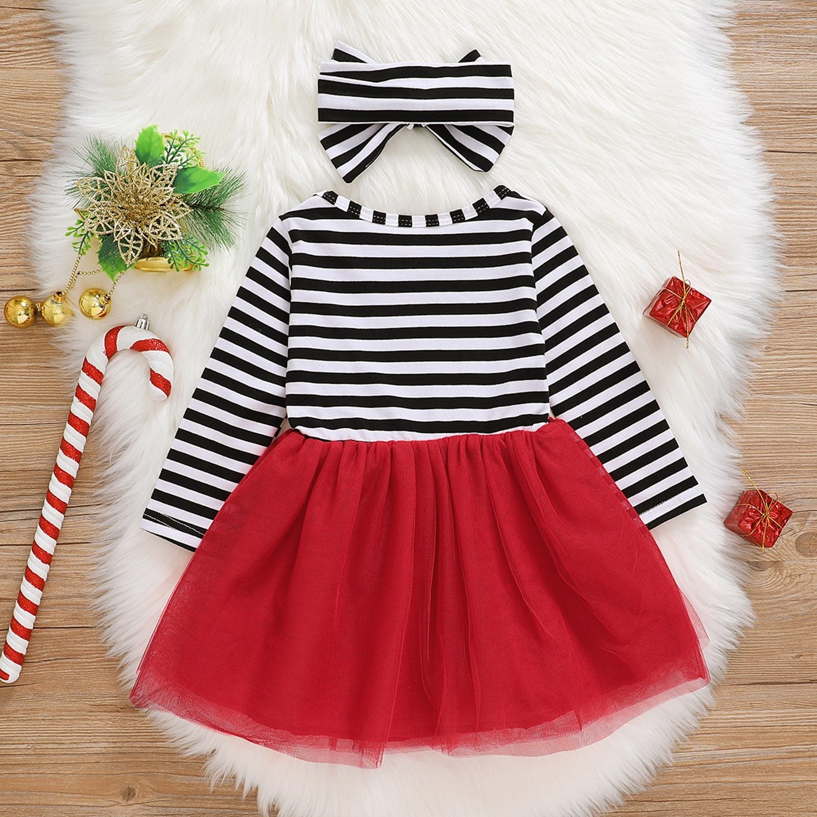 New Dress Baby Girls Christmas Santa Striped Print  Dress And Headband Outfits Children