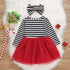 New Dress Baby Girls Christmas Santa Striped Print  Dress And Headband Outfits Children