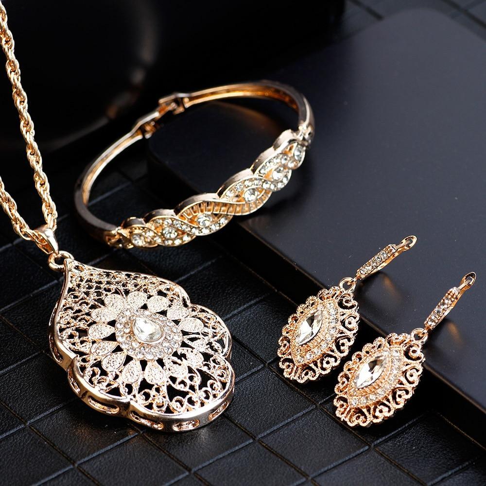 Gold Color Arabic Necklace With Earring Cuff Bracelet Women Ethnic Wedding Jewelry Sets Morocco Caftan Fashion Accessories