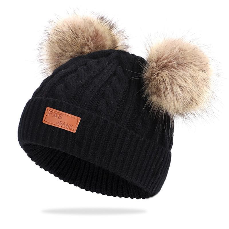 New Fashion Children Winter Hats Baby Kids Girl Solid Knitted Beanies Caps Hair thick ball And Modern Gloves