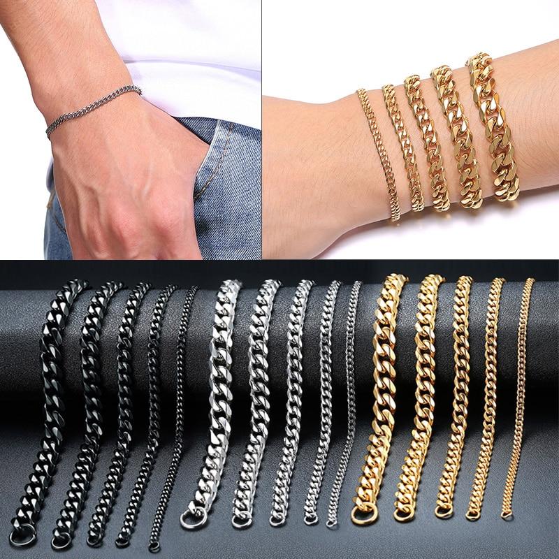 Luxury Popular Mens Simple 3-11mm Stainless Steel Curb Cuban Link Chain Bracelets for Women and Men Unisex Wrist Jewelry Brecelet