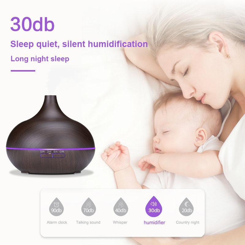 550ml Aromatherapy Essential Oil Diffuser Wood Grain Remote Control Ultrasonic Air Humidifier Cool Mister with 7 Color LED Light Baby Bedroom, Waterless Auto Shut-Off, 7 Colors Lights Changing