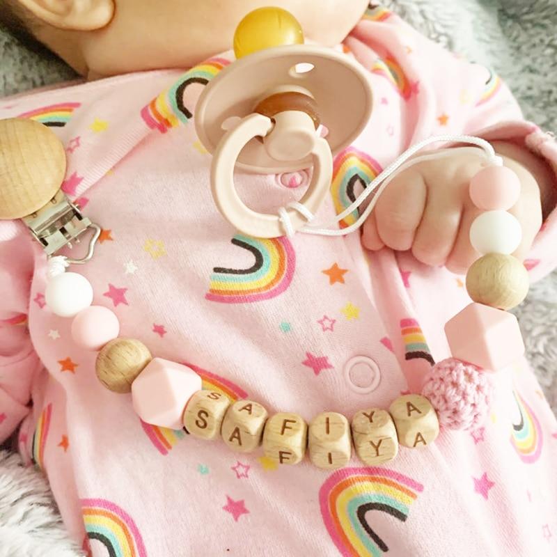 Handmade Personalized Name Silicone Wood Pacifier Clips Safe Teething Chain Baby Teether Clips Holder For Pacifier For Kids