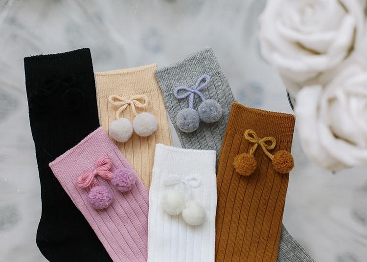 Luxury Modern Autumn Winter Baby Children Cherry Hair Ball Knee High Socks. Kid Cherry Knitted Sock For Kids