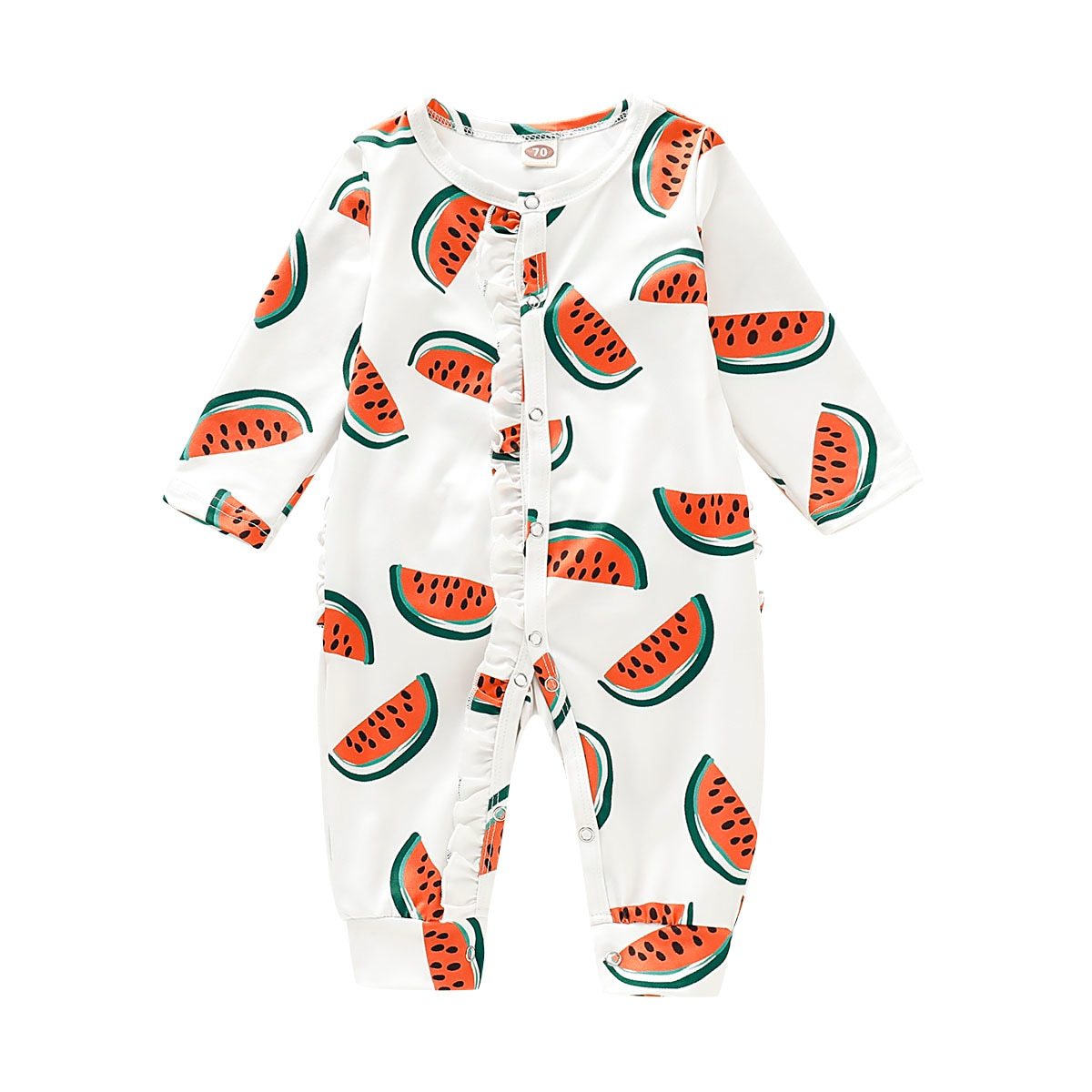 Newborn Toddler Watermelon Print Romper With Long Sleeve Wrapped Foot Jumpsuit For Babies