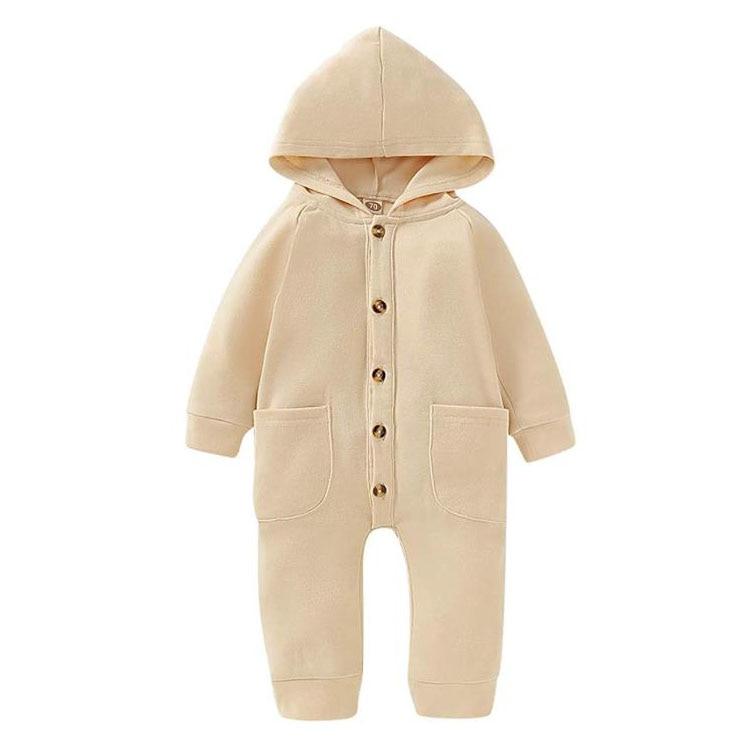 Newborn Clothing Solid Long Sleeve Hooded Button Pockets Romper Winter Warm Jumpsuit for Girls and Boys