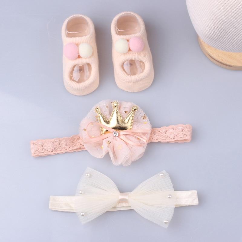 Flower Baby Girl Headband Socks Set Shoes With  Crown Bows Newborn Headbands For Girls Turban Baby Hair Accessories