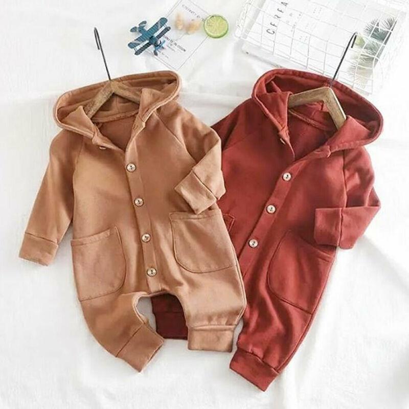 Newborn Clothing Solid Long Sleeve Hooded Button Pockets Romper Winter Warm Jumpsuit for Girls and Boys