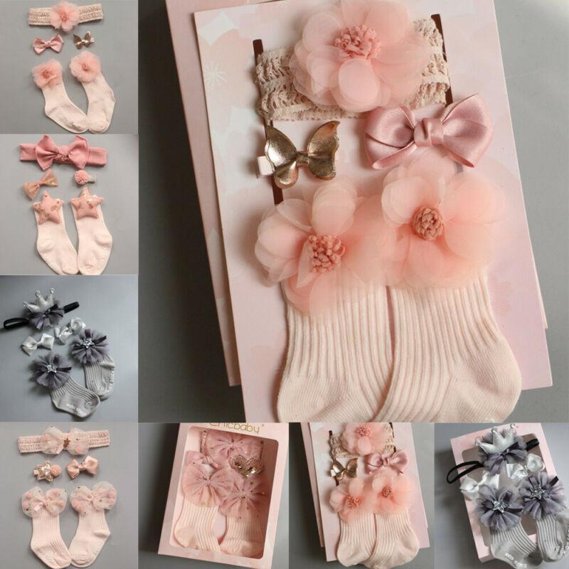 4PCS/SET Newborn Baby Girl Socks Ankle Princess Anti Slip Socks+Headband+Hair Pin For Baby