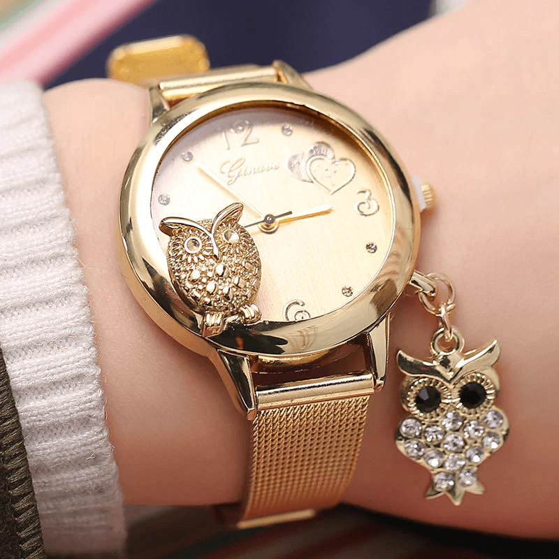 STEVVEX Gold  Watch Brand Quartz Women Rose Gold Stainless Steel Mesh Belt Ladies Wristwatch Female Clock Owl (Gold) For Women and Girls