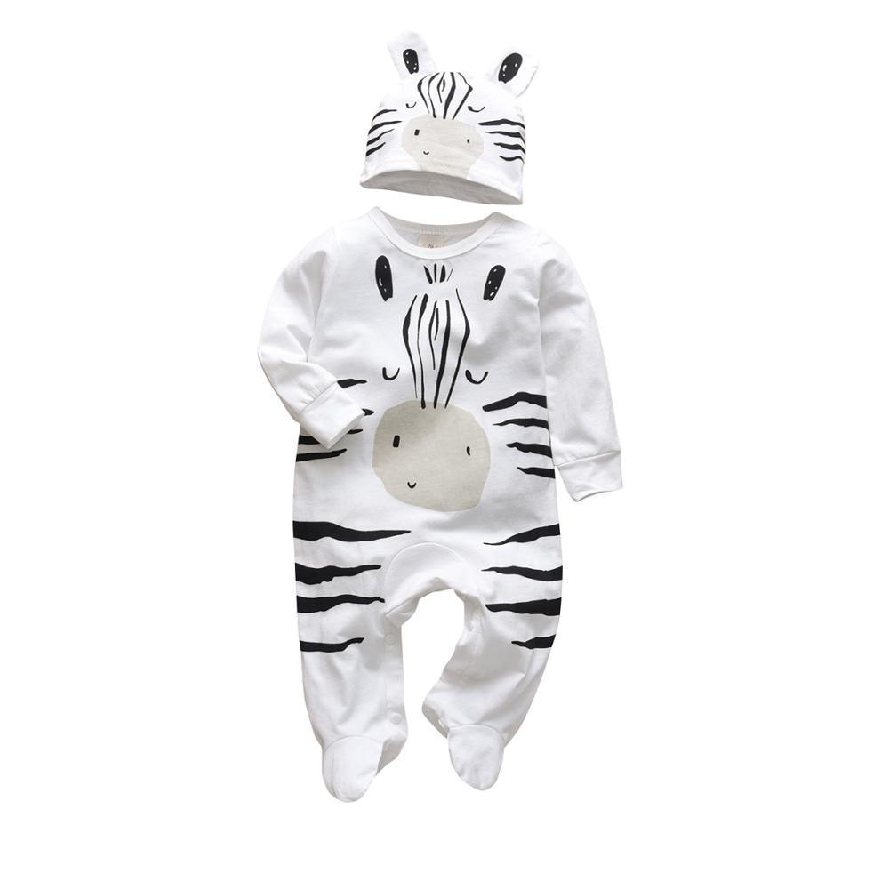 Newborn Baby Boys Romper Clothes Cotton Cute Cartoon Print Long Sleeve Jumpsuit Hat 2 Pcs