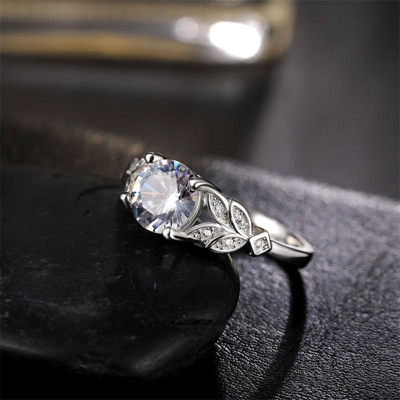 Crystal Silvery Women Leaf Engagement Rings Zircon Cubic Graceful Girls White Rose Golden Ring Luxury Jewelry