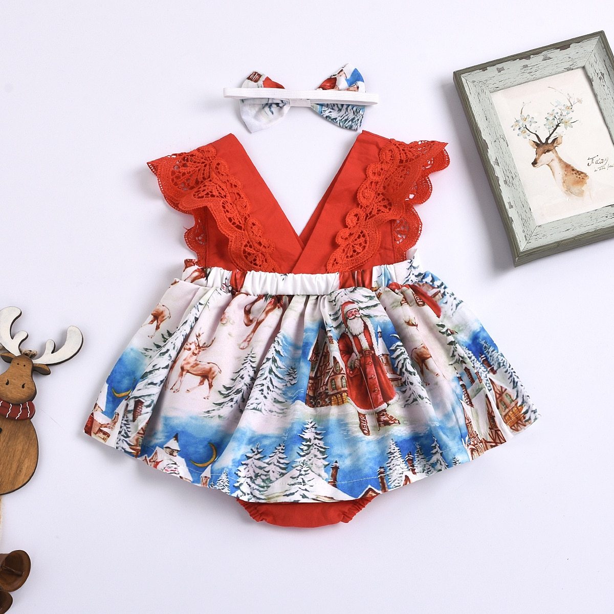 2pcs  0-24M  Christmas Newborn Baby Girls Romper Dress+ Headband Santa Print Jumpsuits Outfit Unique Design