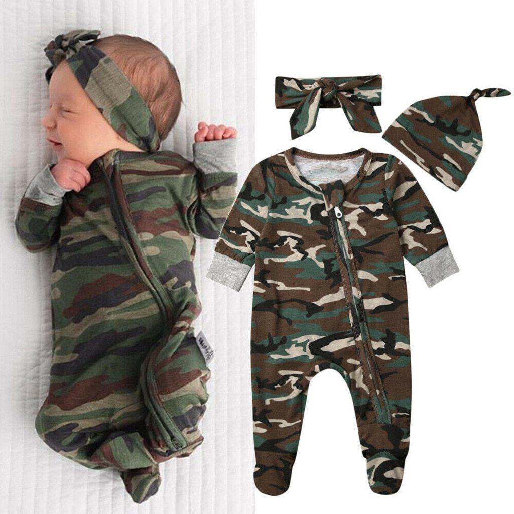 Newborn Baby Girls Boys Camouflage Military Deisgn Romper Infant Cute Zipper Casual Jumpsuit Hairband Hat Set Clothes For Girls And Boys