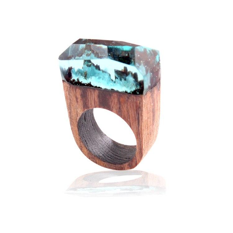 Epic Handmade Luxury Wedding Wood Resin Stone Ring Elegant With Magnificent Fantasy Secret Magic Landscape Wooden for Women and Men