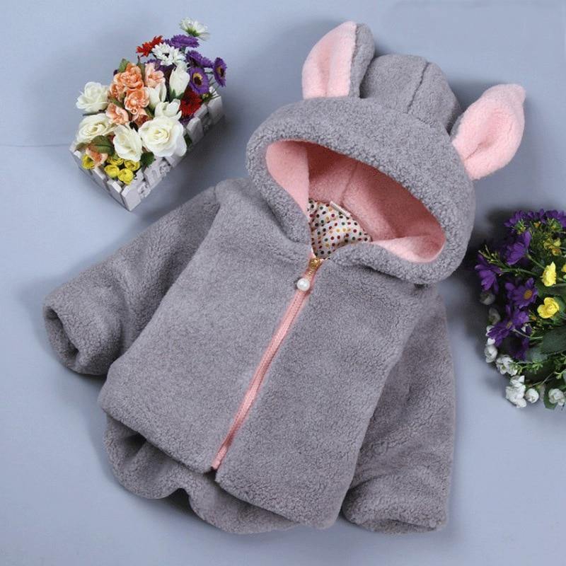 Baby Girl Einter Jacket Girl Cute Rabbit HoodedJacket Children's Wool Sweater Plus Thick Warm Plush For Kids