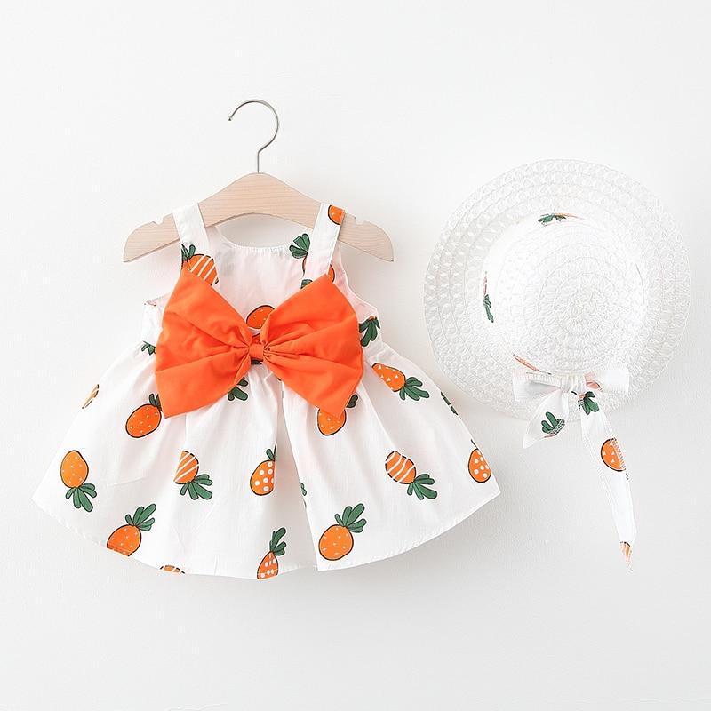 Luxury Modern Elegant Summer Bow Print Dress With Hat 2 piece Baby Clothes Suits Newborn Toddler Dress