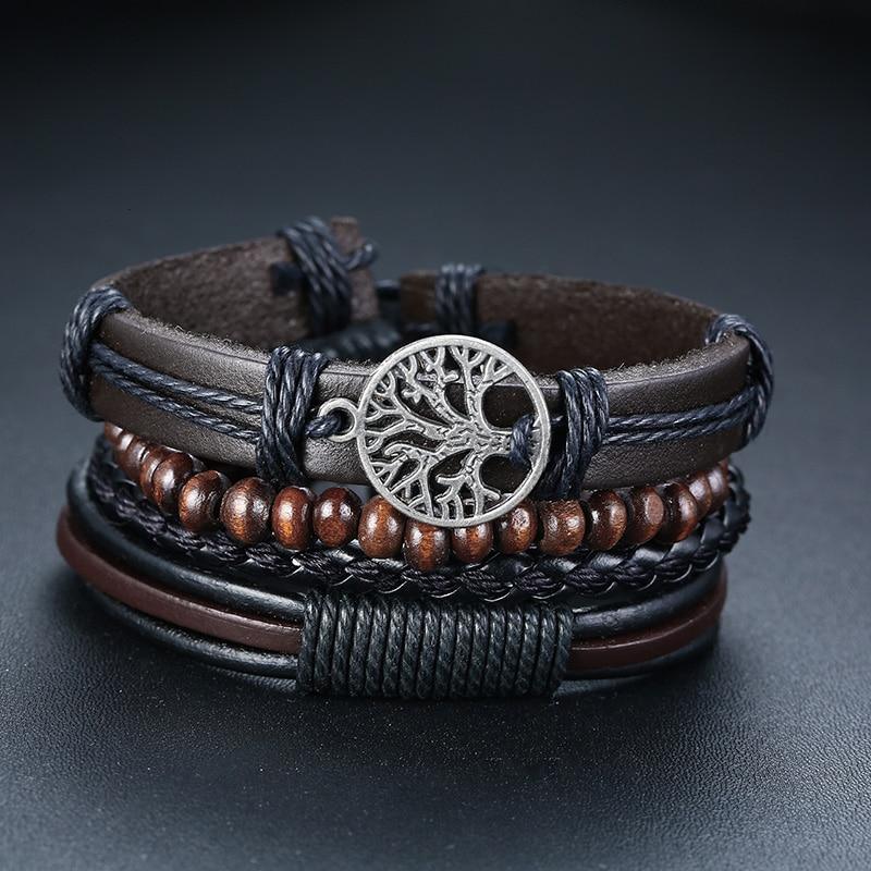 Modern Handmade Braided Wrap Leather Bracelets for Men In Vintage Style With Life Tree Rudder Charm Wood Beads Ethnic Tribal Wristbands