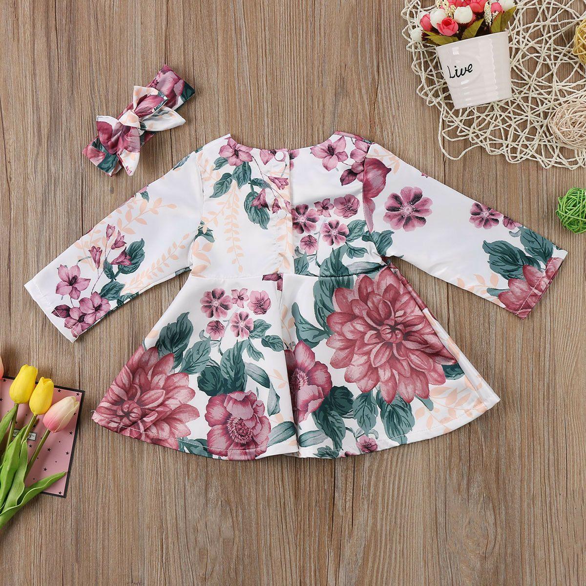 Newborn Infant Baby Girls Dress Floral Kids with Long Sleeve Dress +Headband Outfits Set Clothes Modern Dress for Girls