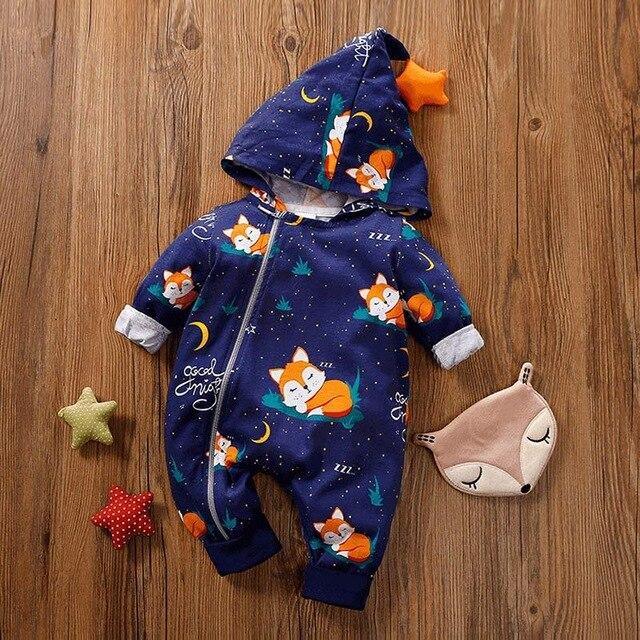 Baby Rompers Warm overalls Cartoon Animals Pattern Hooded Zipper Clothes Jumpsuit For Girls and Boys In Modern Print Design