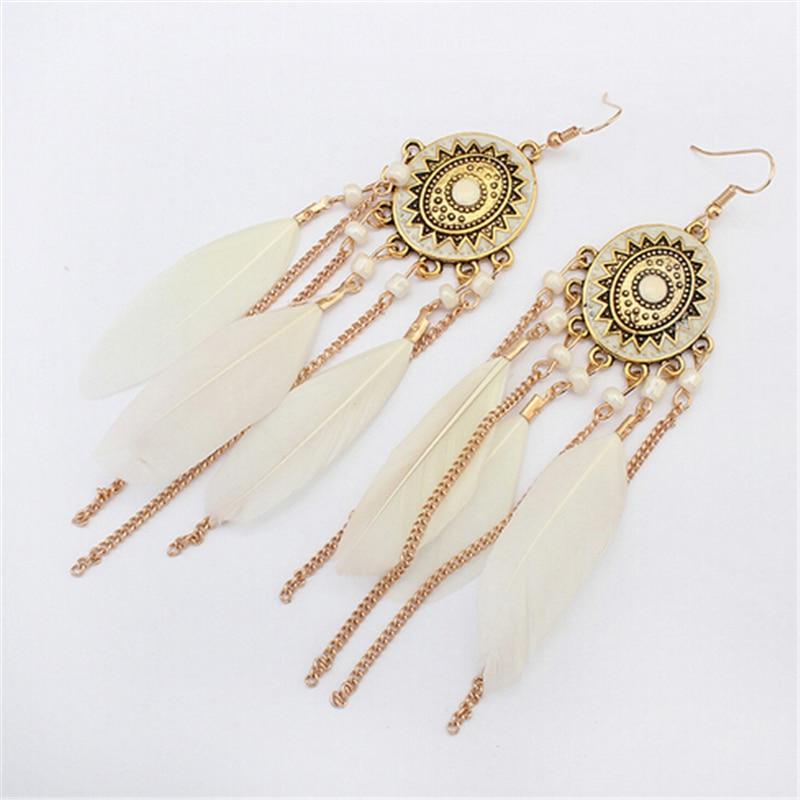 Handmade Modern Elegant Golden Silver Color Ethnic Acrylic Luxury Rainbow Beads Feather Drop Earrings for Women Boho Jewlery