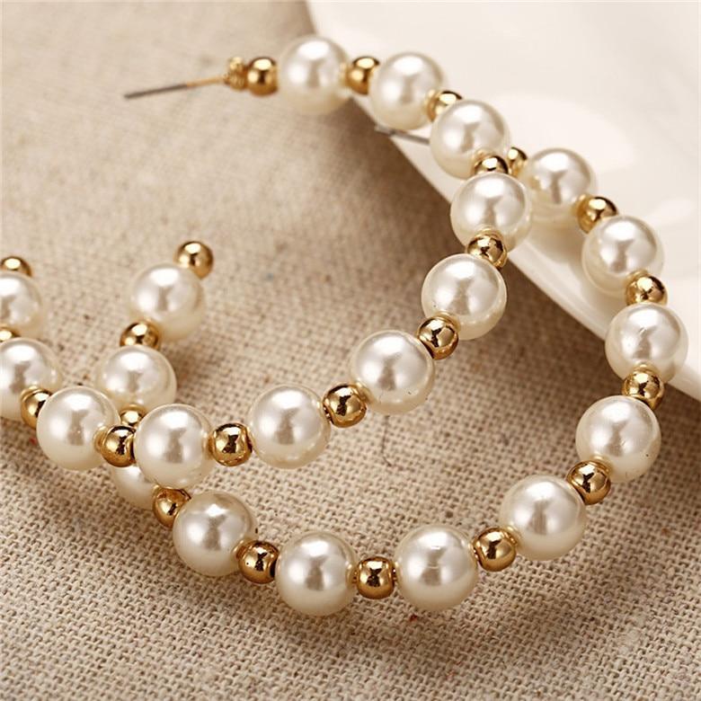 Elegant Plain Gold Metal Pearl Hoop Earrings In Fashion Big Circle Style For Women