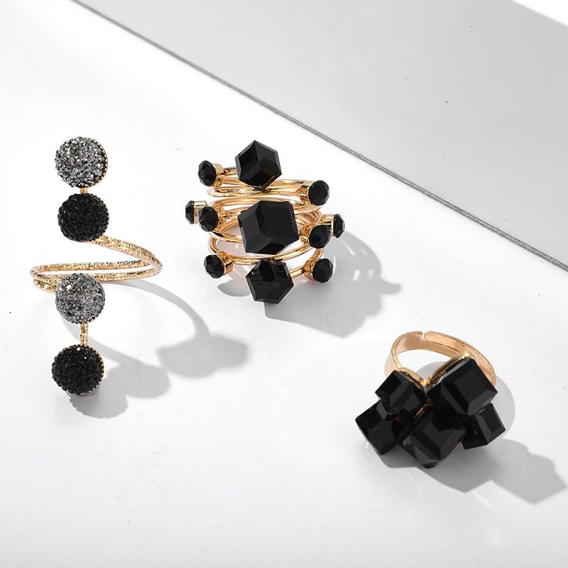 Modern Antique Gold Black Rhinestone Opening Finger Rings Set for Women With Earrings in Elegant Stone Deisgn