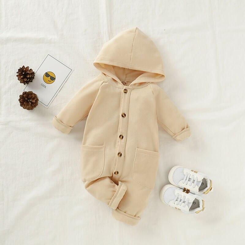 Newborn Clothing Solid Long Sleeve Hooded Button Pockets Romper Winter Warm Jumpsuit for Girls and Boys