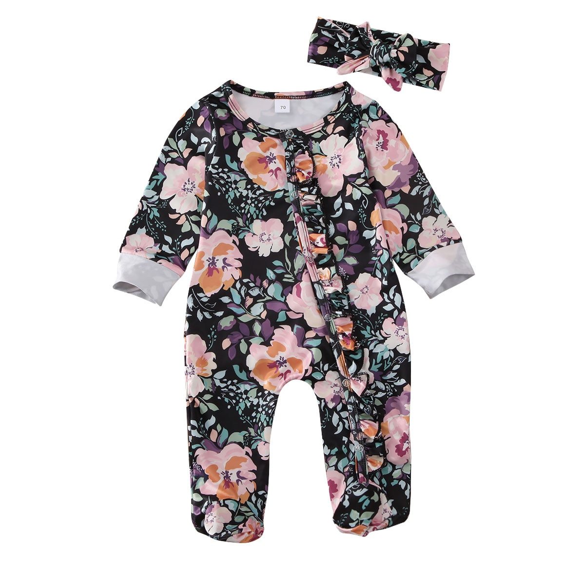 Baby Girls Footies Floral Print Ruffles Single Breasted Playsuit Headband Clothes Outfits For Girls with Bow Floral Printed