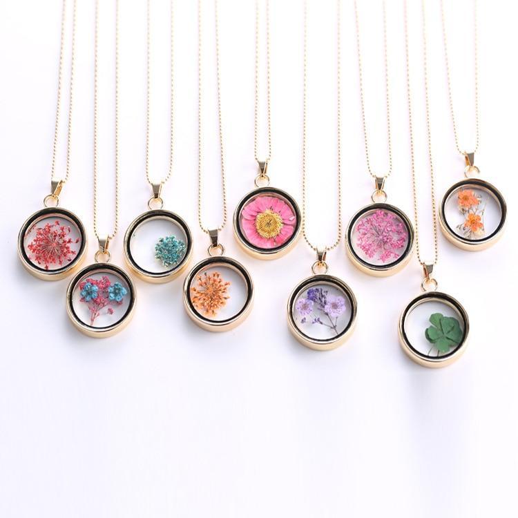 Elegant Popular Korean Round Pendant Luxury Necklace Women Long Gold Bead Chain Colorful Specimen Dried Flower Necklace Jewelry For Girls