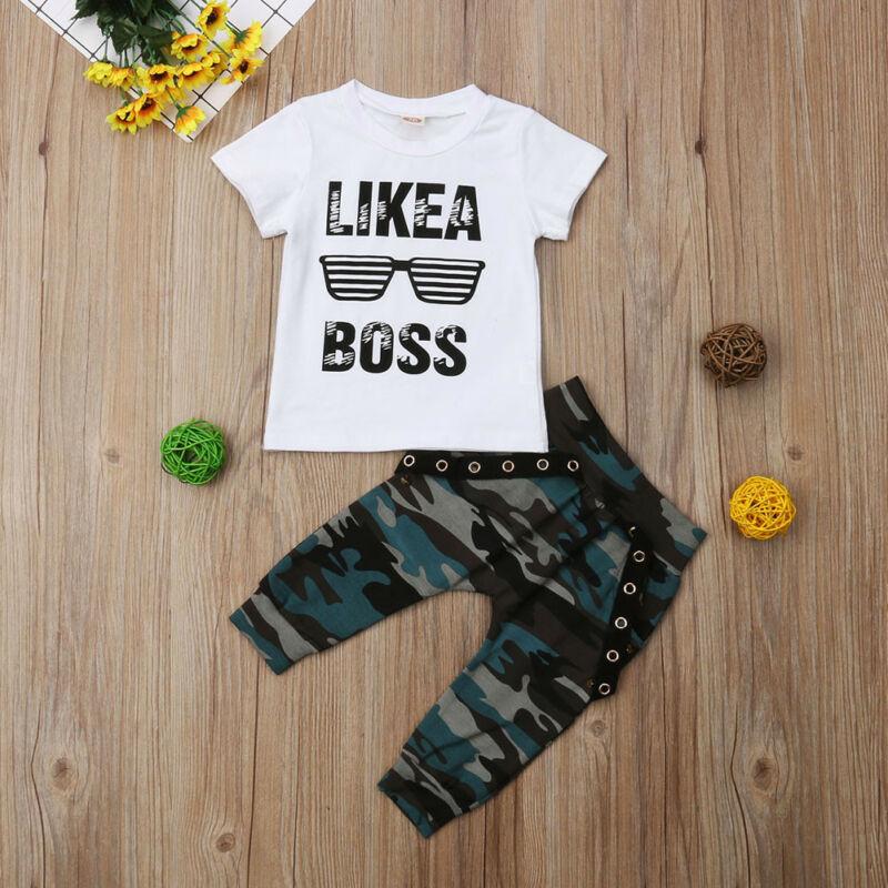 Hip Hop Short Sleeve Summer Toddler Infant Like A Boss Letter Tops T-Shirt and Pants Set For Baby Boy Kids In Military Style