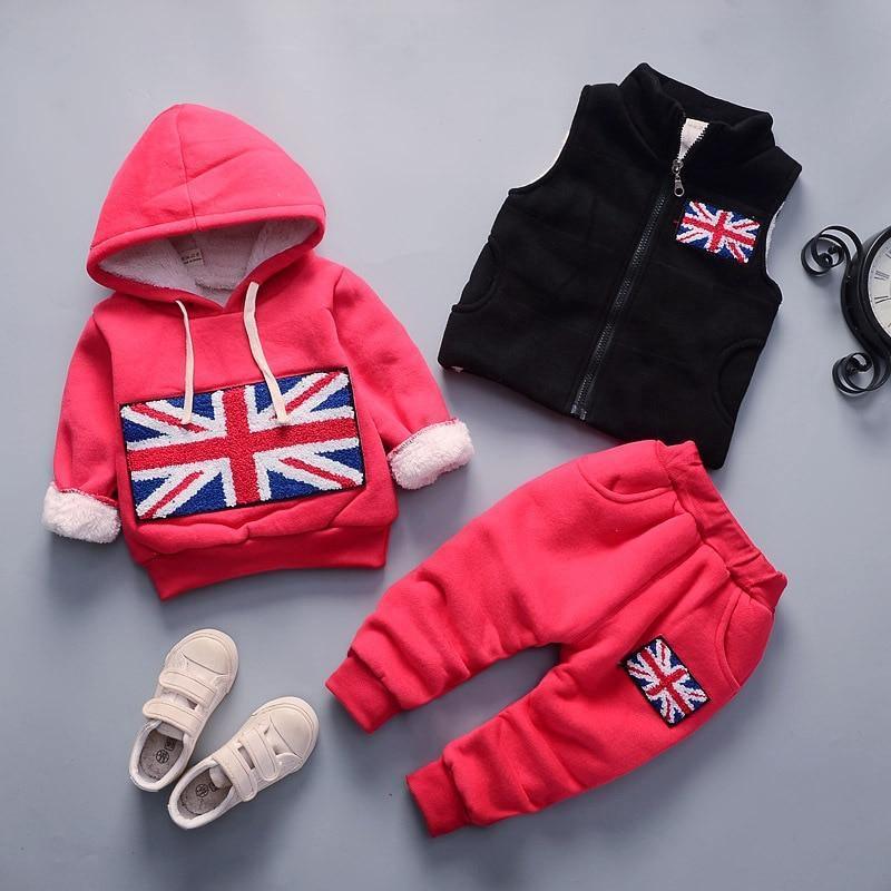 Baby Clothes Winter Thick And Warm Three-piece Cartoon Bear And Fox Printed Sweater Hooded Baby Girl Clothing Set Sweater and Pants