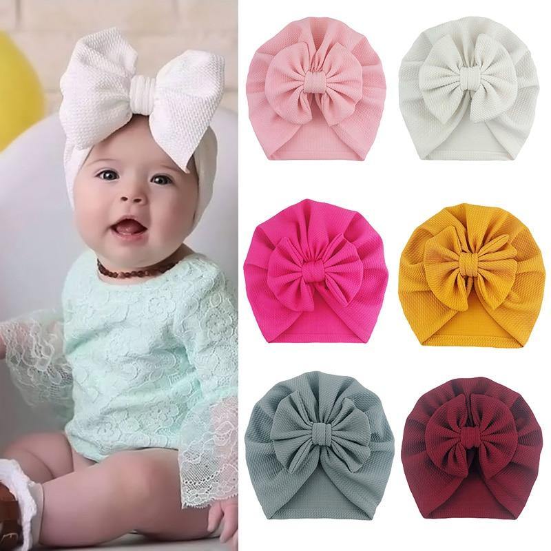 Handamde Elegant Baby Hats for Girls Big Bow Turban Hat Newborn  Baby Beanie Cap Solid Color Style