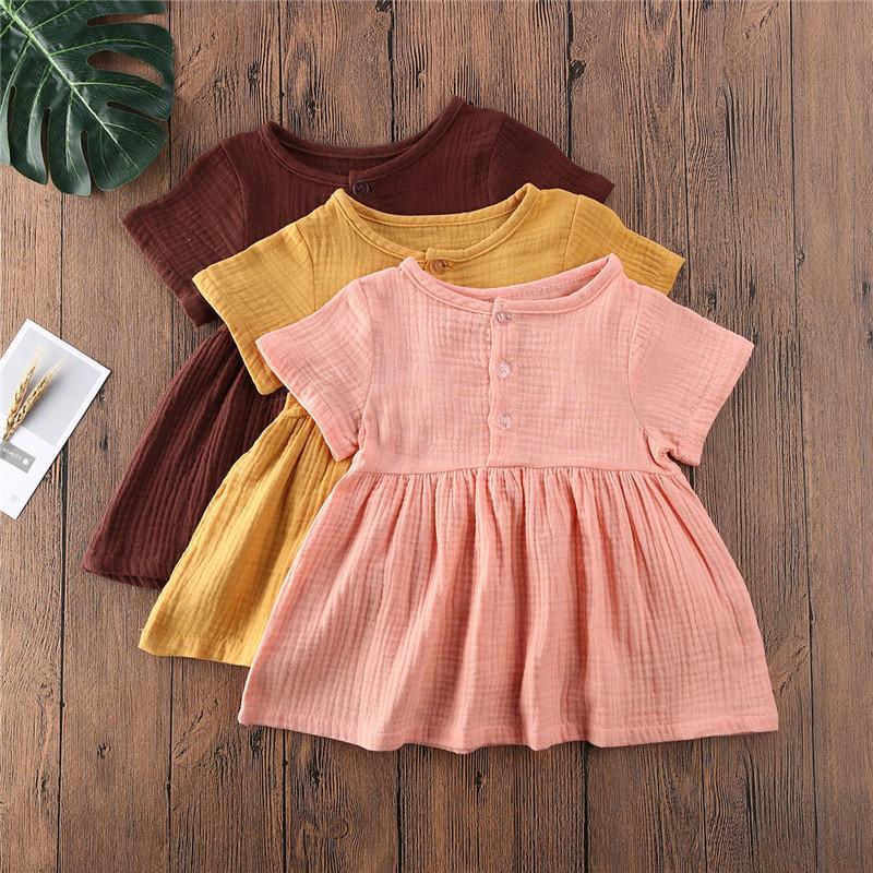 Kids Summer Cotton Linen Dress with Plain Short sleeve  Party A-line dress For Small Girls 1-3 Years