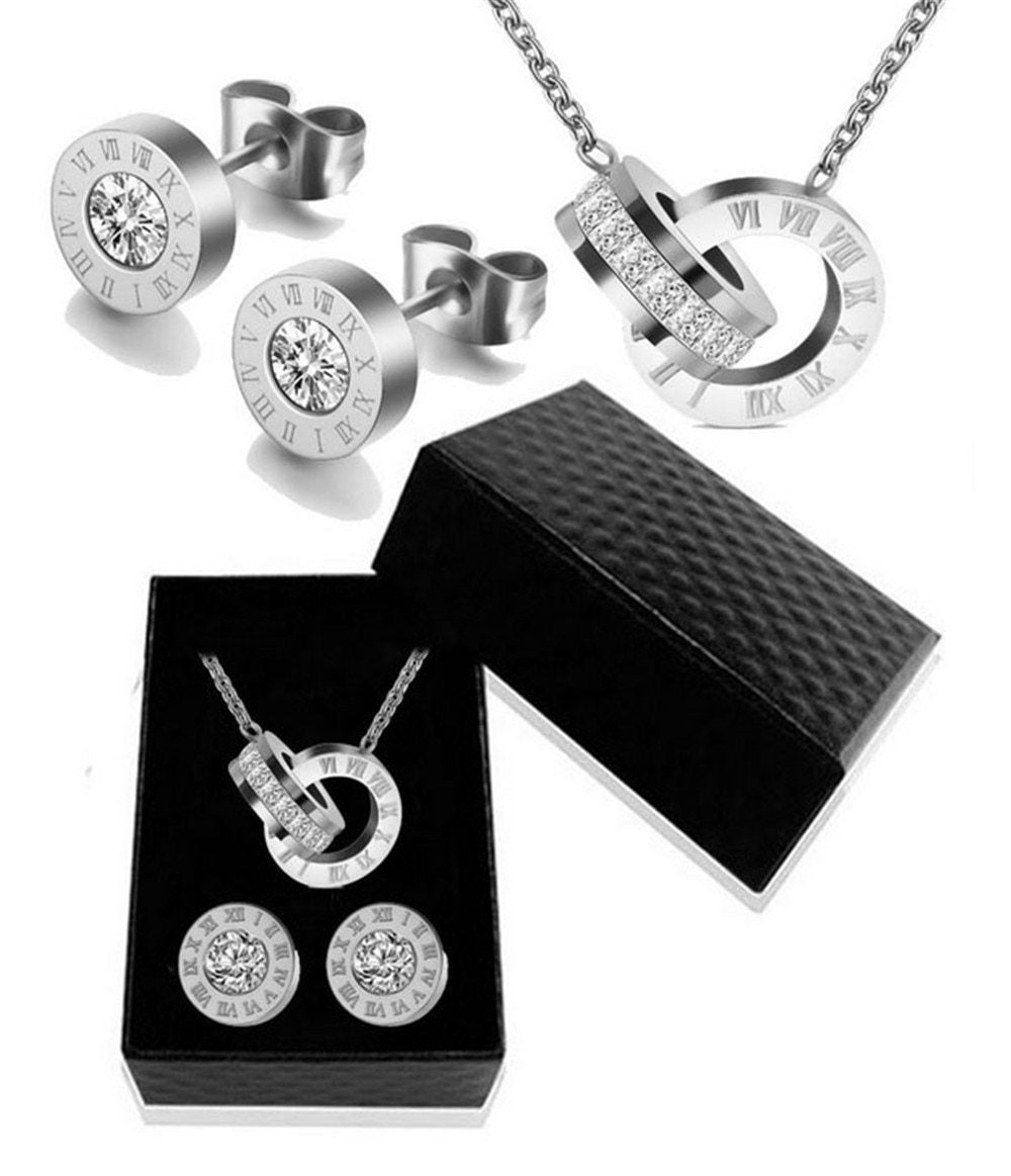 Luxury Roman Numeral Necklace Earring Bracelet Set For Women Wedding Party 316L Stainless Steel Wedding Jewelry Set In Modern New Design